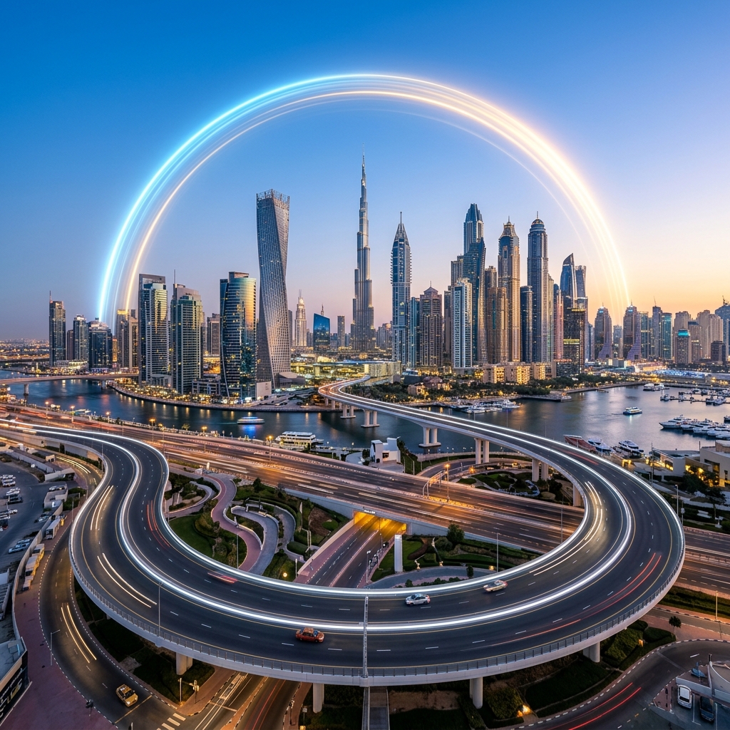 Futuristic cityscape of towers and bridge representing intelligence grid