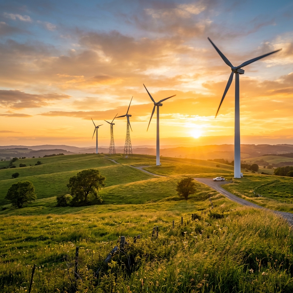 Wind turbines spinning under sunset