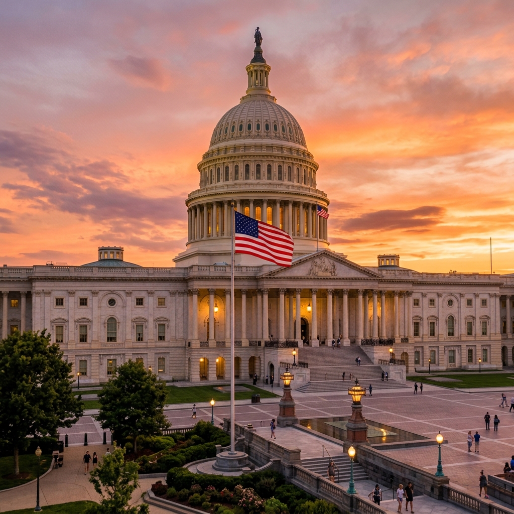Grand government building at dusk