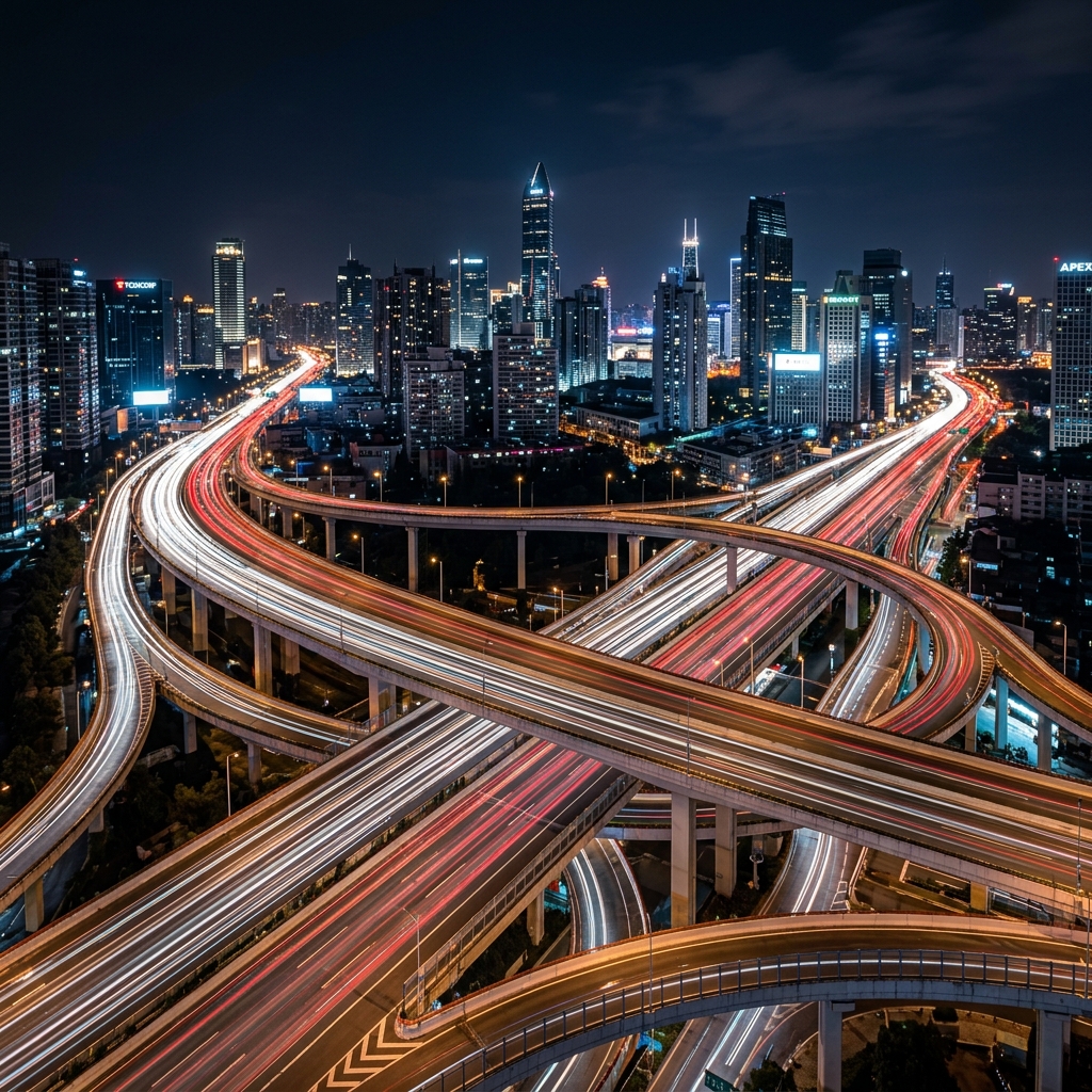 High speed transportation loop with city light streaks